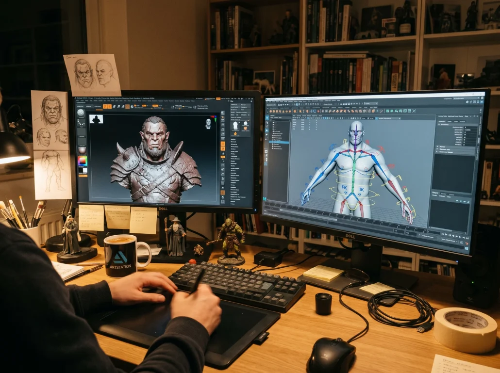 3D character modeling and rigging workspace with sculpting and skeleton setup on screen