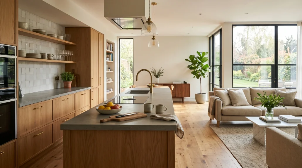 Photoreal interior 3D rendering of an open-plan kitchen and living area in morning light