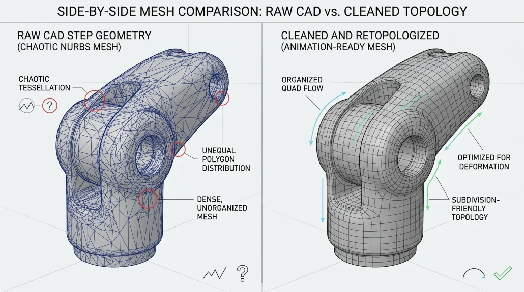 CAD STEP file before and after geometry cleanup for product animation