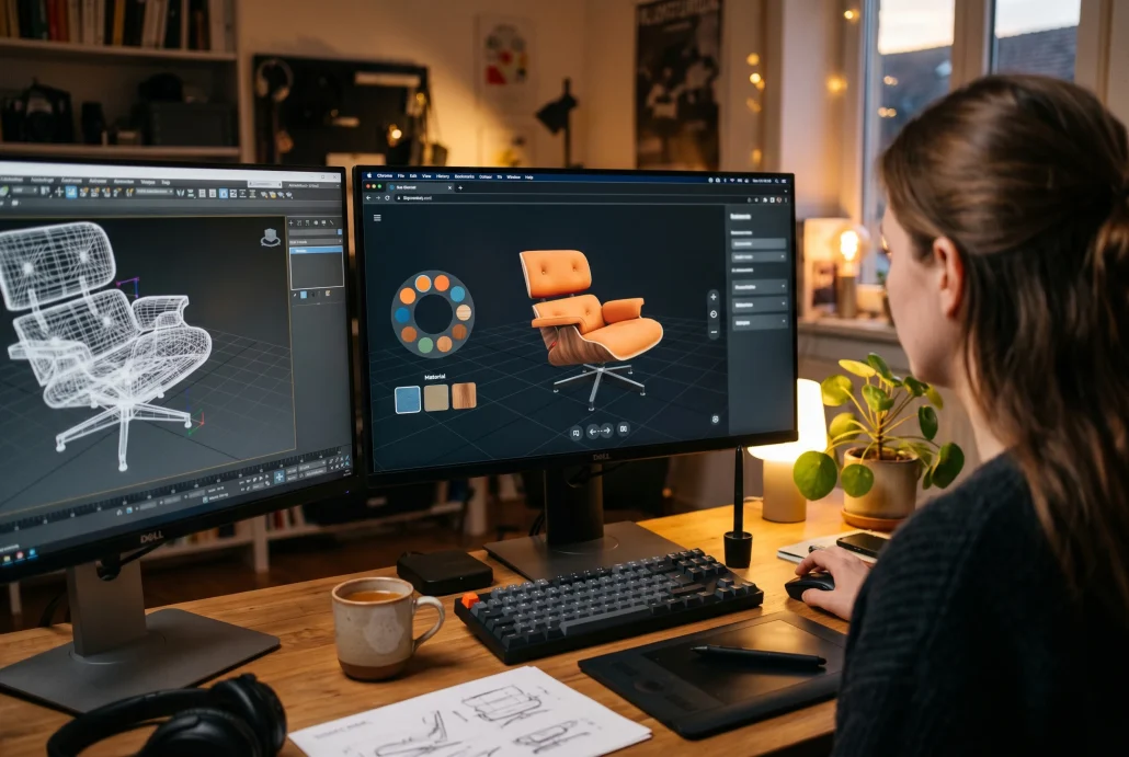 Designer monitor showing a WebGL product configurator running in a browser, illustrating interactive 3D solutions.