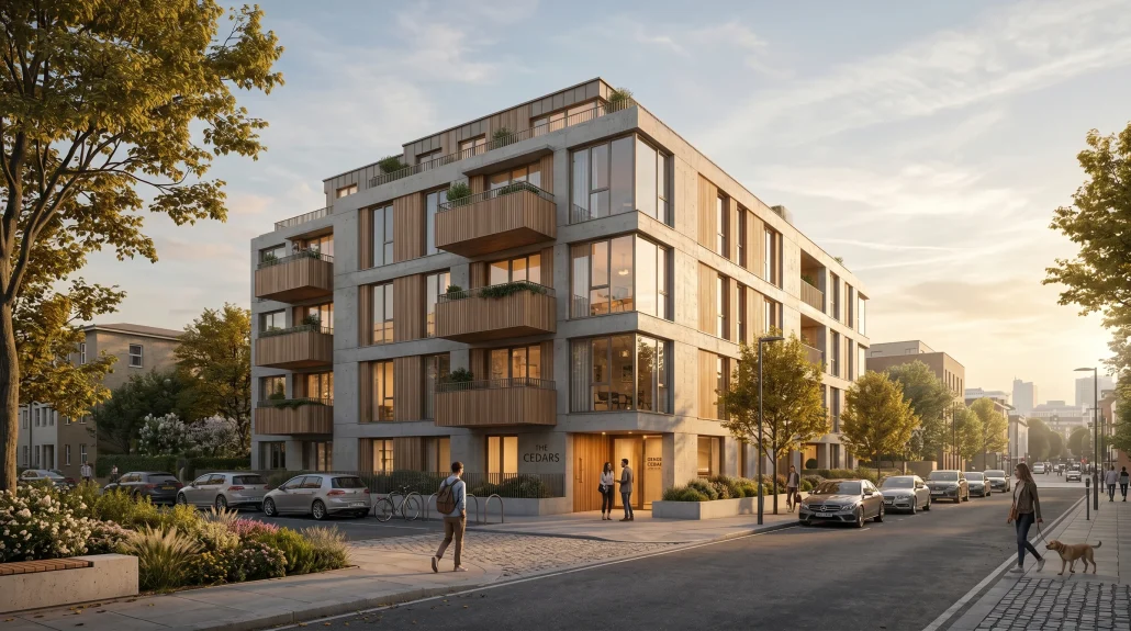 Photoreal 3D architectural design rendering of a contemporary mid-rise residential exterior at golden hour