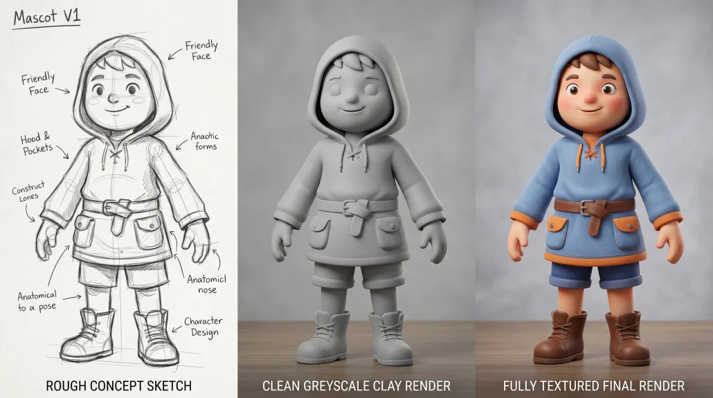 3D character design creator pipeline shown in three stages from concept sketch to final textured render