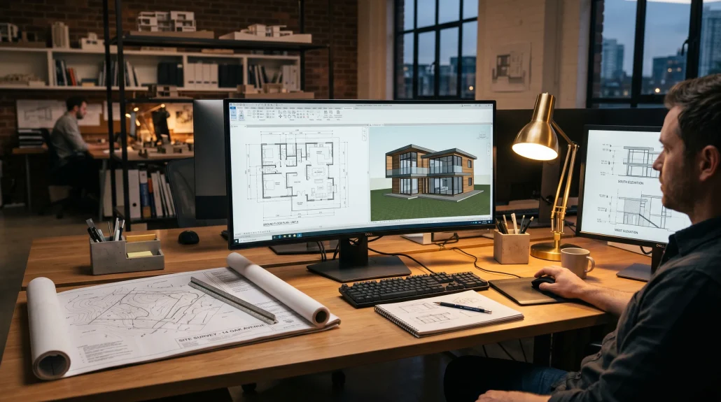 Architect's workstation showing Revit floor plan and 3D model of a residential building with elevation drawings on a second monitor