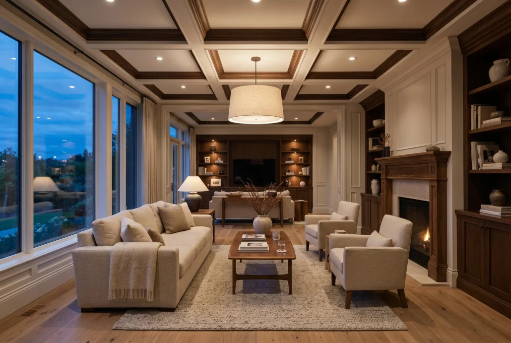 Photoreal interior render of a modern living room demonstrating interior 3D modeling