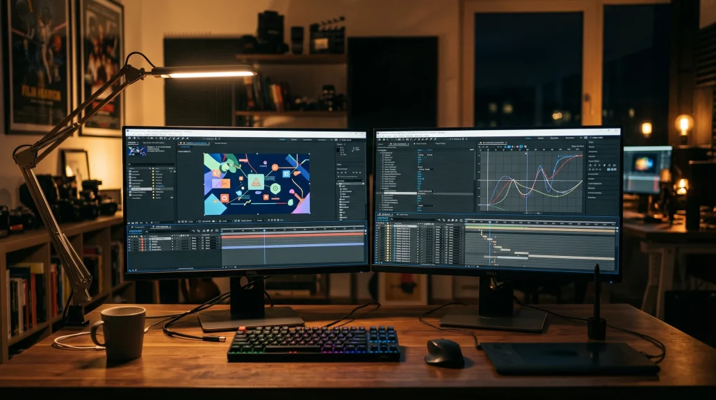 After Effects workstation showing a 2D animation composition in progress