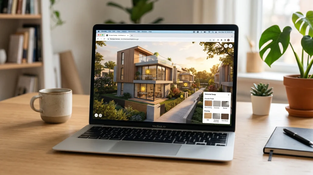 Browser-based 3D interactive presentation of a residential development running on a laptop