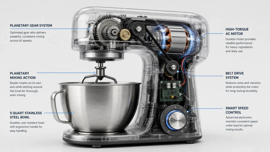Ghosted-casing cutaway still from a mechanism explainer animation showing internal gears with technical callouts