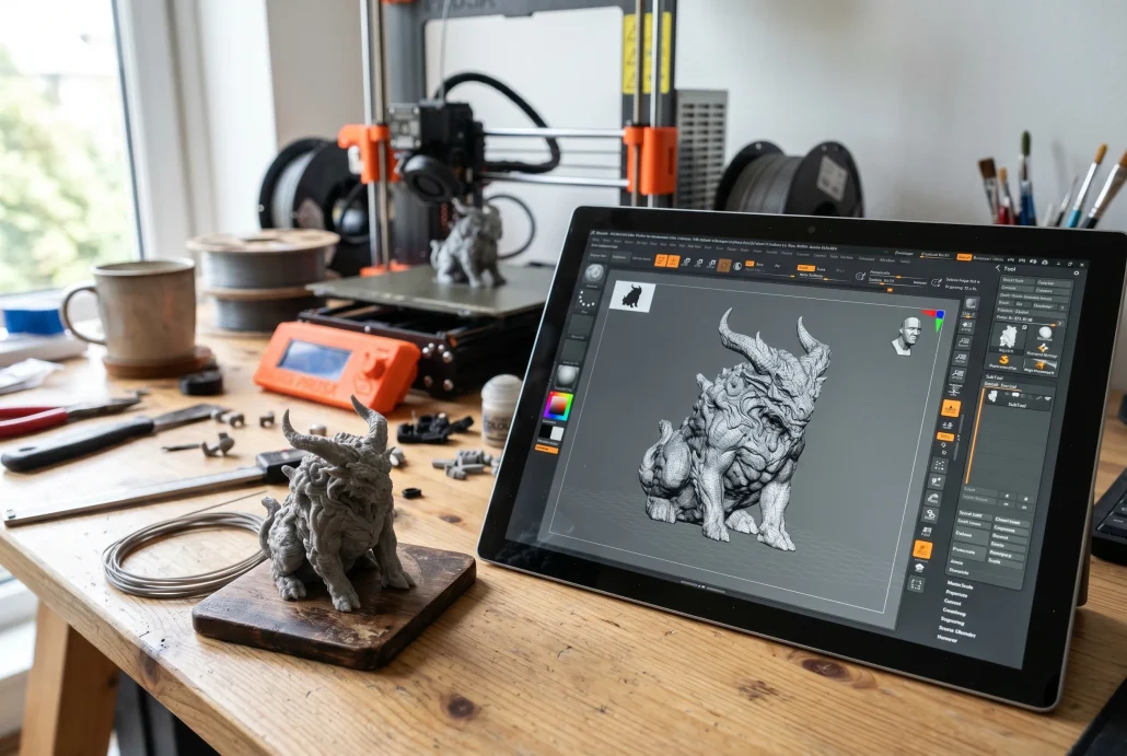 A 3D-printed character figurine next to a tablet displaying its digital ZBrush sculpt, showing the path from sculpt to print.