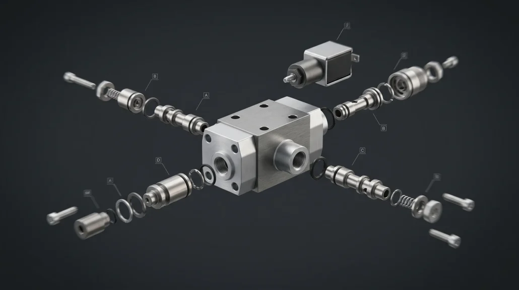 Exploded view animation still of an industrial valve assembly with components hovering on their assembly axes