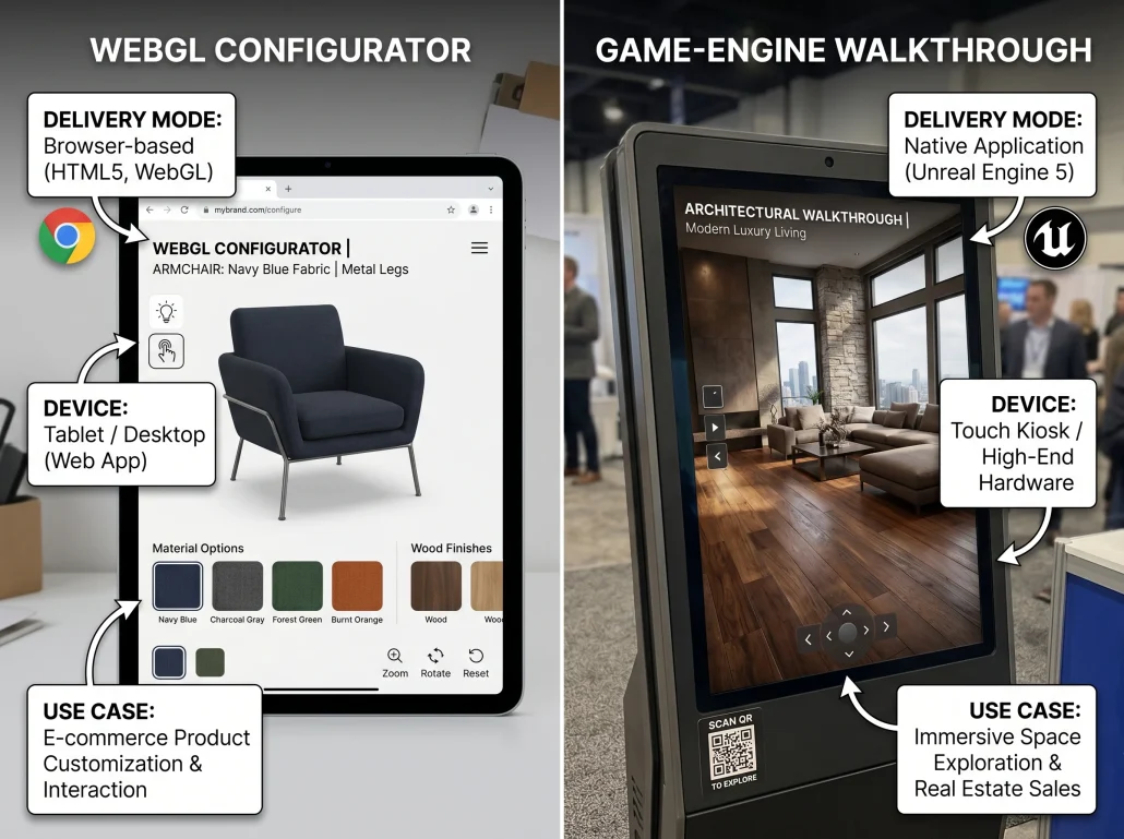 Comparison diagram of WebGL configurator versus game-engine walkthrough delivery