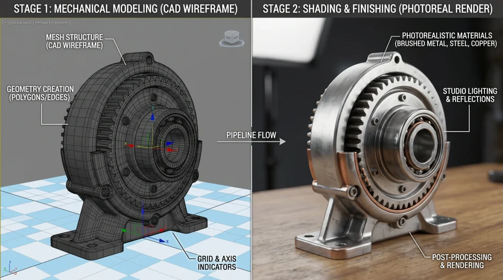 Side-by-side comparison of CAD wireframe and finished render in the 3D product animation pipeline