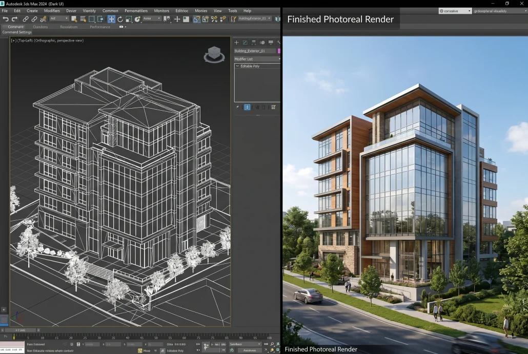 Side by side comparison of architectural 3D wireframe model and finished photoreal render
