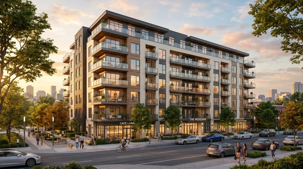Photoreal exterior render of a modern residential building showing detailed architectural 3D modeling