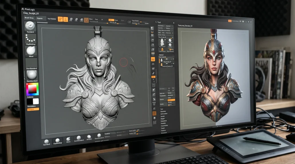 High-poly clay sculpt of a 3D character beside a textured and rendered final pass, illustrating a ZBrush-based character design workflow.