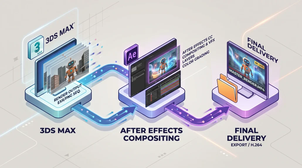 Diagram showing the studio pipeline from 3D rendering to After Effects compositing to final delivery