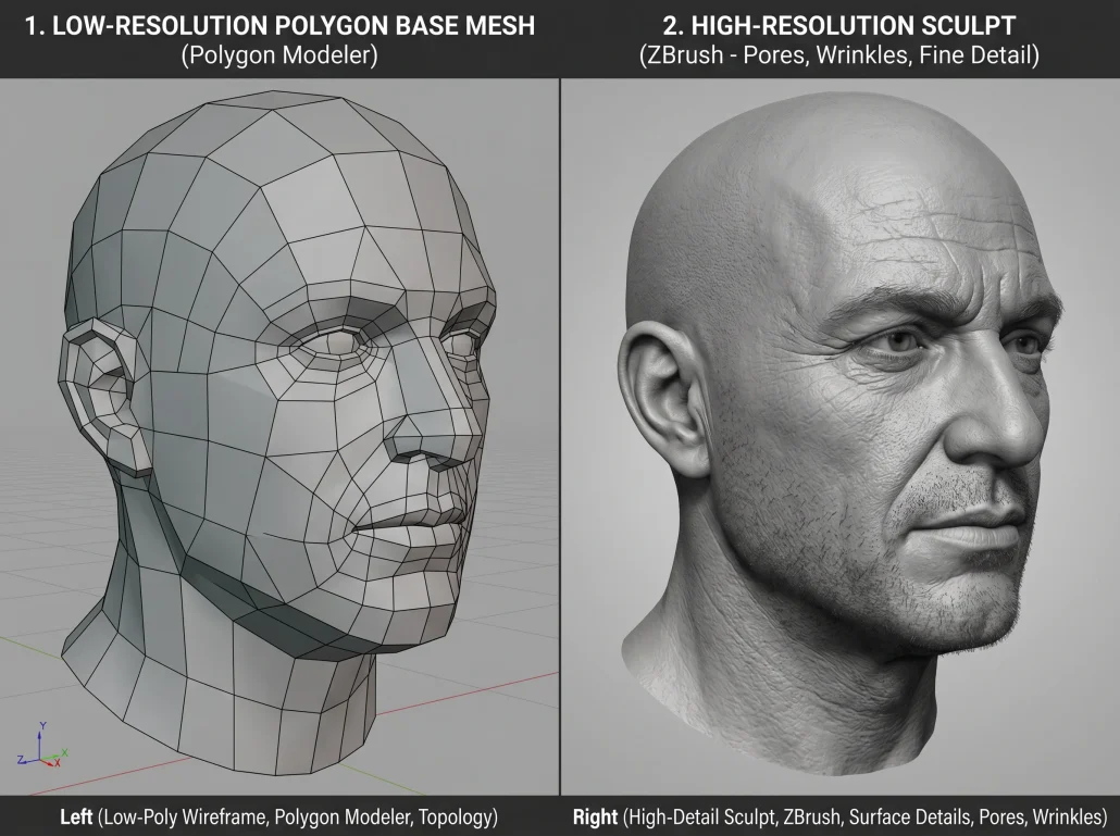 Comparison of a low-poly character base mesh next to a high-detail ZBrush sculpt of the same head.