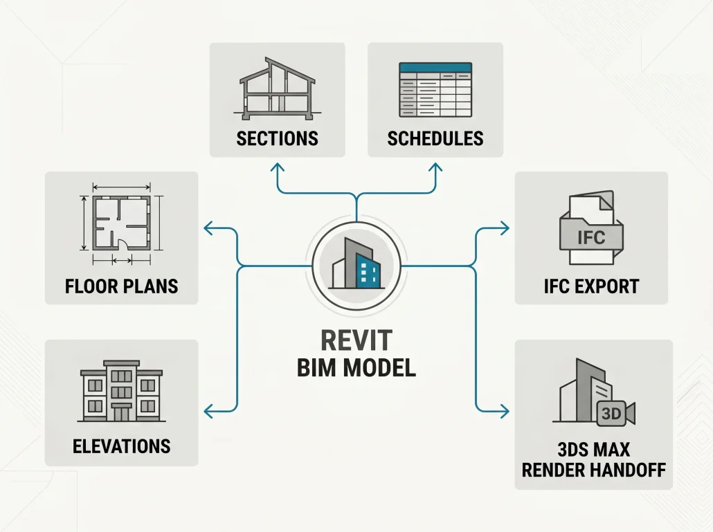 Diagram showing a Revit BIM model branching into floor plans, elevations, sections, schedules, IFC export, and 3ds Max rendering handoff