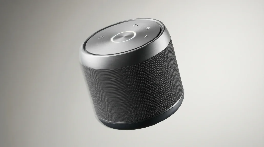 3D product animation showing a wireless speaker rotating in a clean studio environment