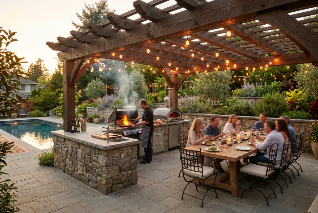 3D render of an outdoor kitchen and dining terrace with pergola and pool view at evening