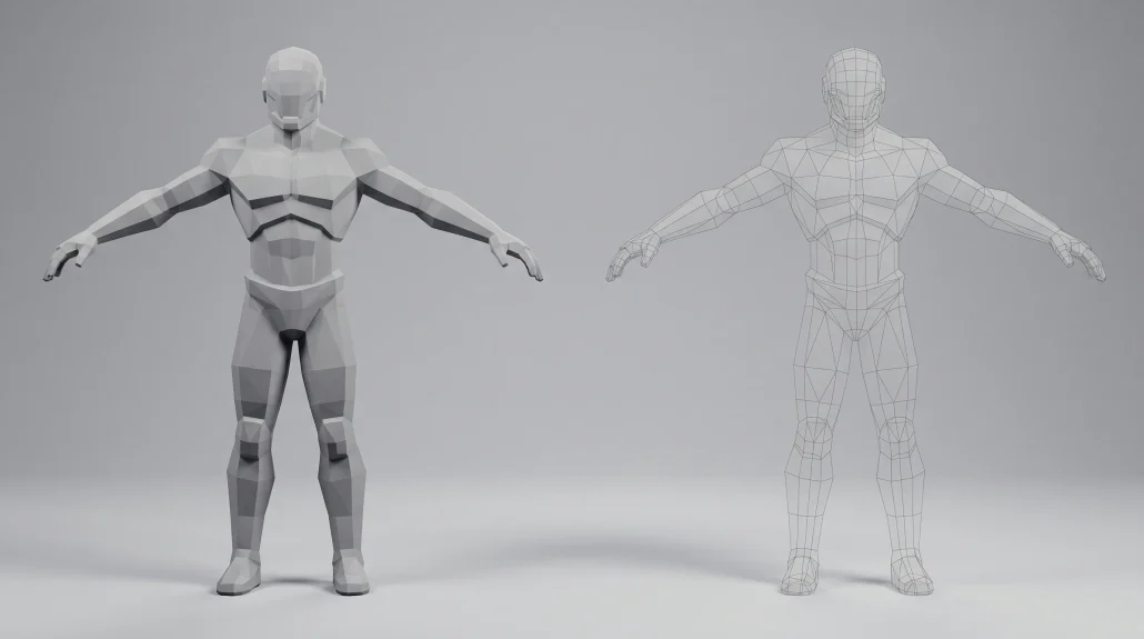 Low poly 3D character in clay material with a faint wireframe overlay showing polygon flow