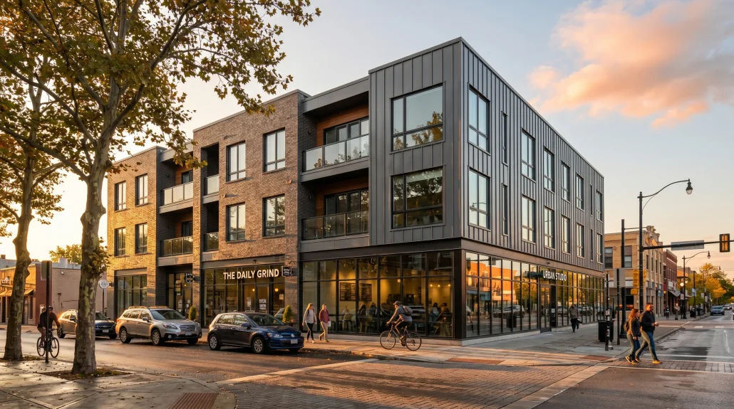 Photoreal 3D view of a contemporary mixed-use building design at golden hour