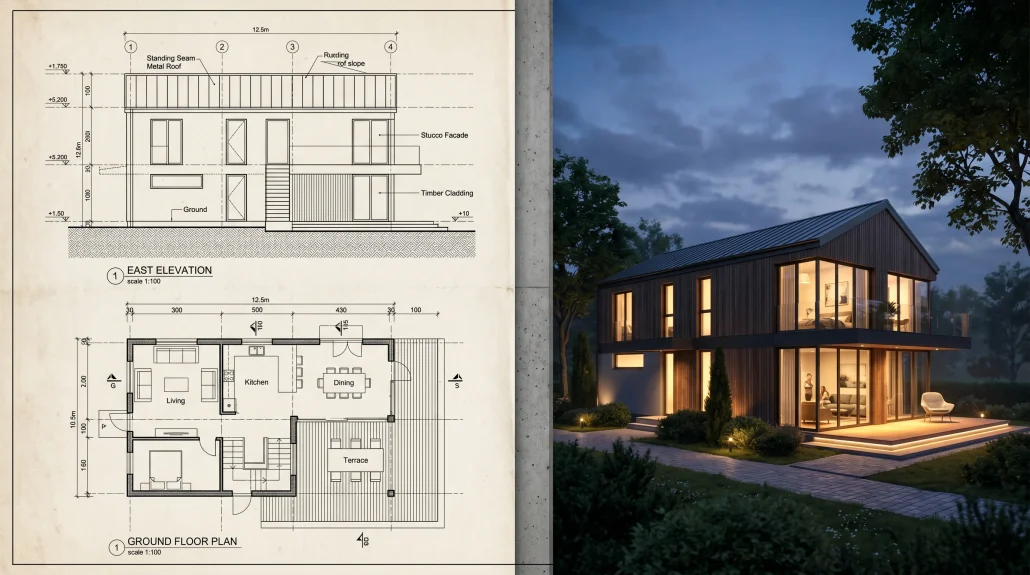 Side-by-side comparison of architectural drawings and a photoreal 3D render of the same building