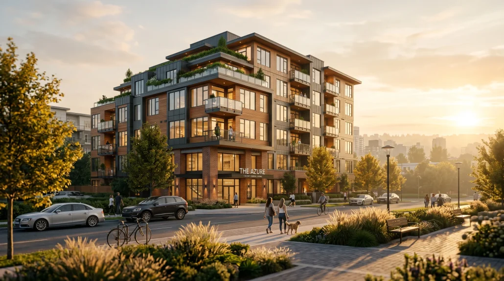 Photoreal exterior render of a contemporary residential building at golden hour, the kind of visual an architectural visualizer delivers for developer marketing.