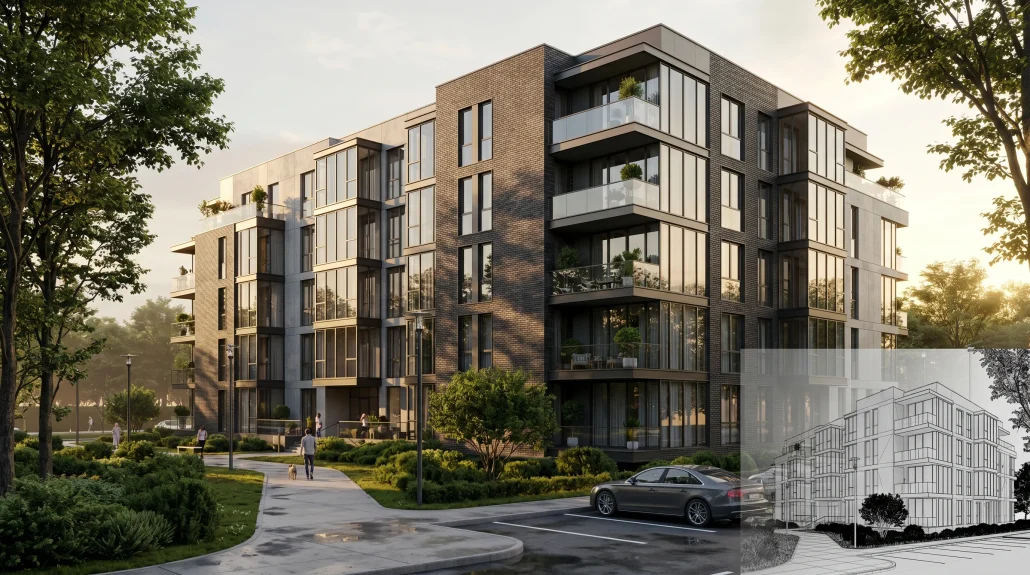 Photoreal exterior architectural visualization of a modern residential building rendered in 3ds Max with Corona