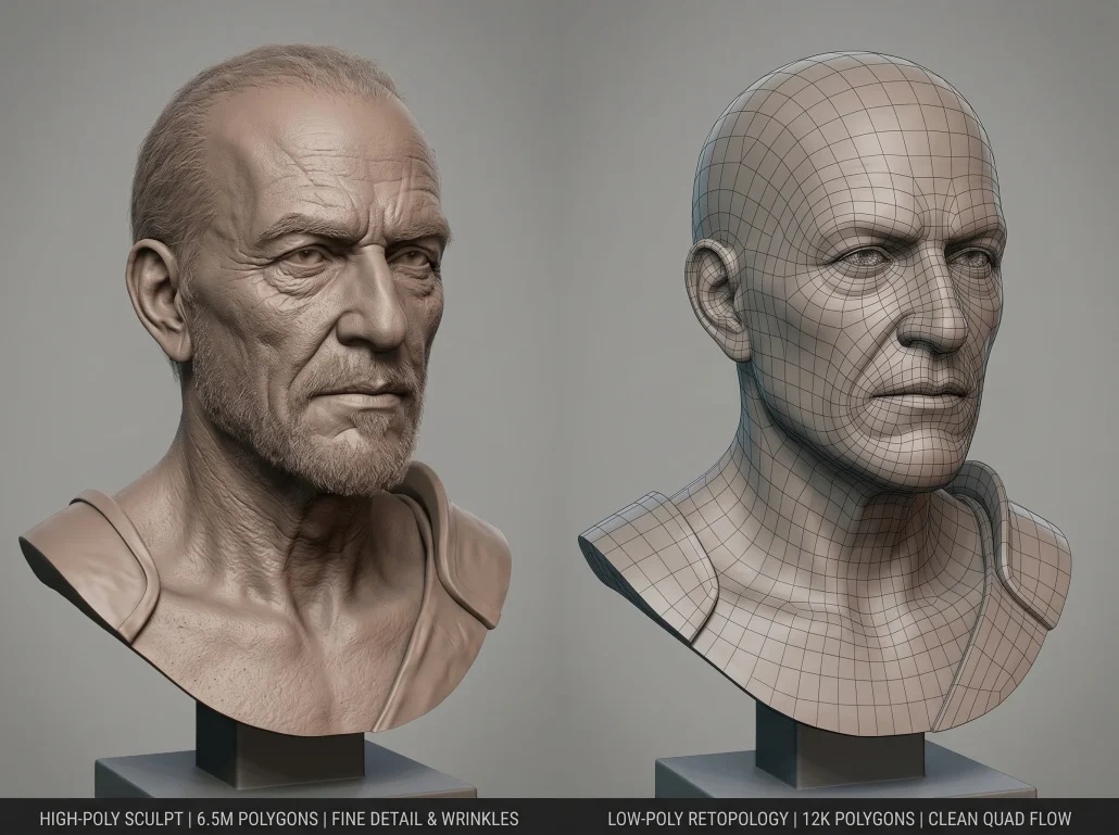 Side-by-side comparison of a high-poly sculpt and its retopologized low-poly counterpart