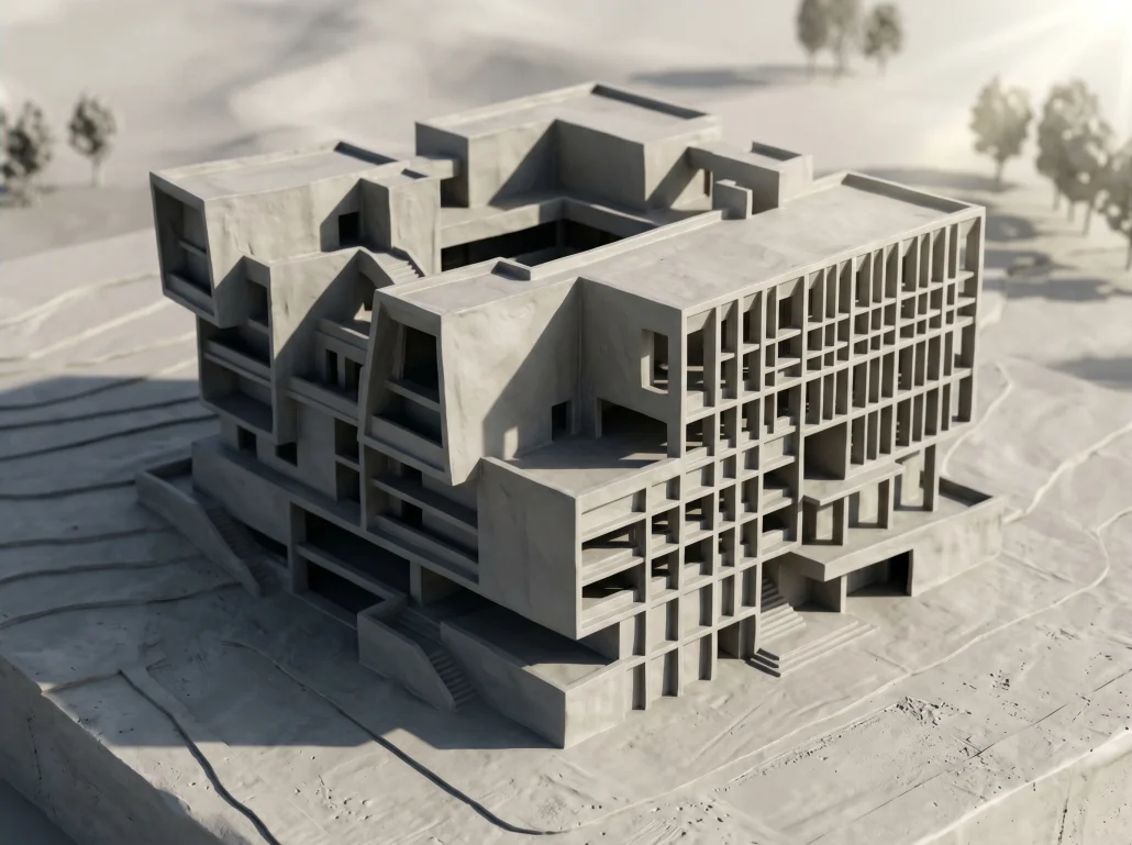 Clay render preview of an architectural exterior used to lock lighting and camera angle before final materials