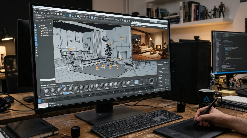 3ds Max viewport with a Corona Renderer interactive preview of an interior scene, showing the working environment of an architectural visualizer.