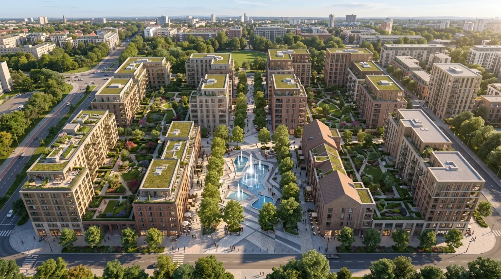Aerial 3D visualization of a mixed-use masterplan with landscaped courtyards and pedestrian paths