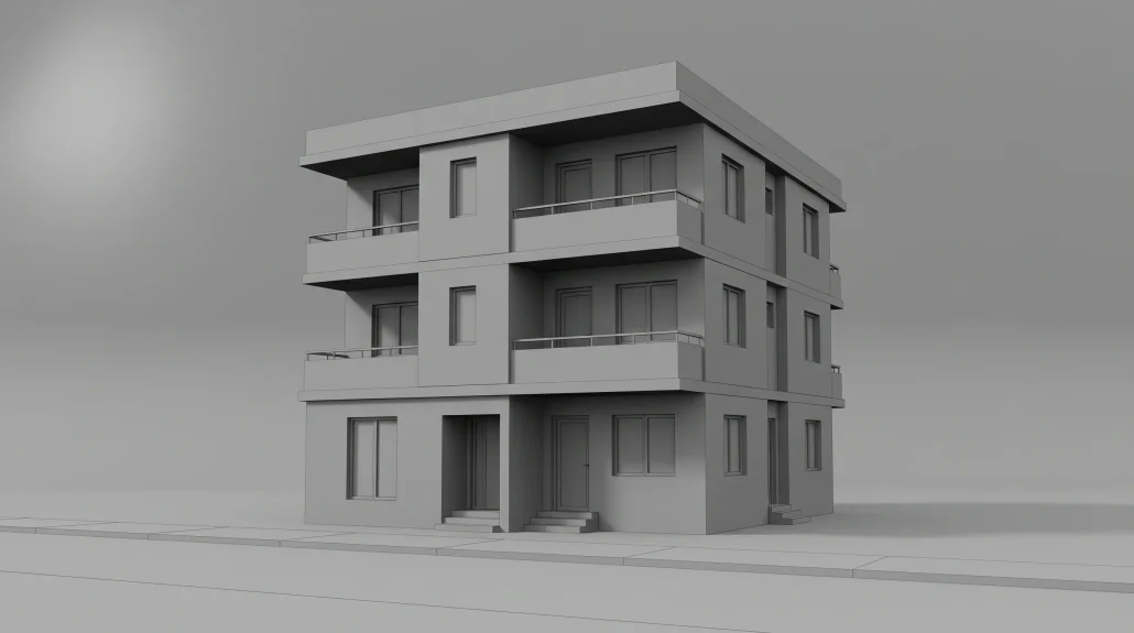 Grey clay render of a residential building used to lock camera angle before materials are applied