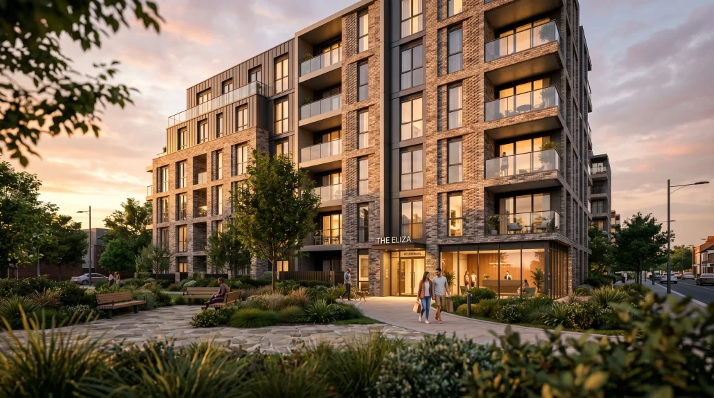 Photoreal 3D rendering of a residential development at sunset showing facade, entry, and courtyard