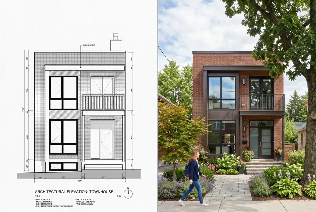 Comparison showing the same townhouse as a 2D elevation drawing on the left and a photoreal 3D render on the right, illustrating what an architectural visualizer adds to drawings.
