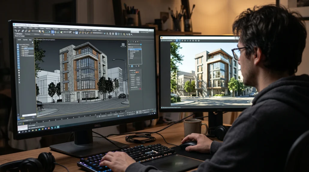 Artist working on an architectural visualization scene in 3ds Max with a Corona interactive render preview