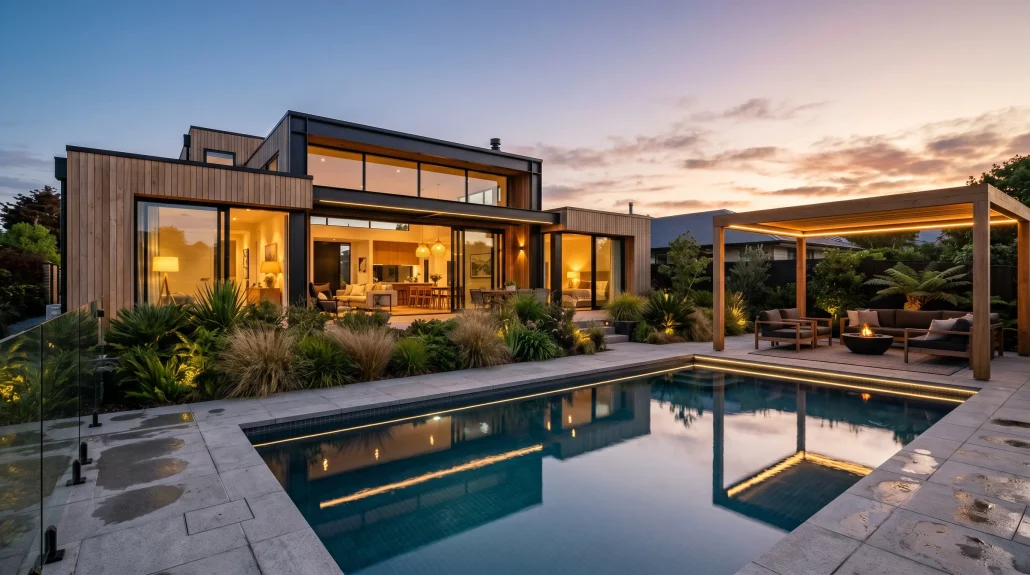 Photoreal 3D render of a contemporary residential backyard at dusk with pool, pergola, and planting