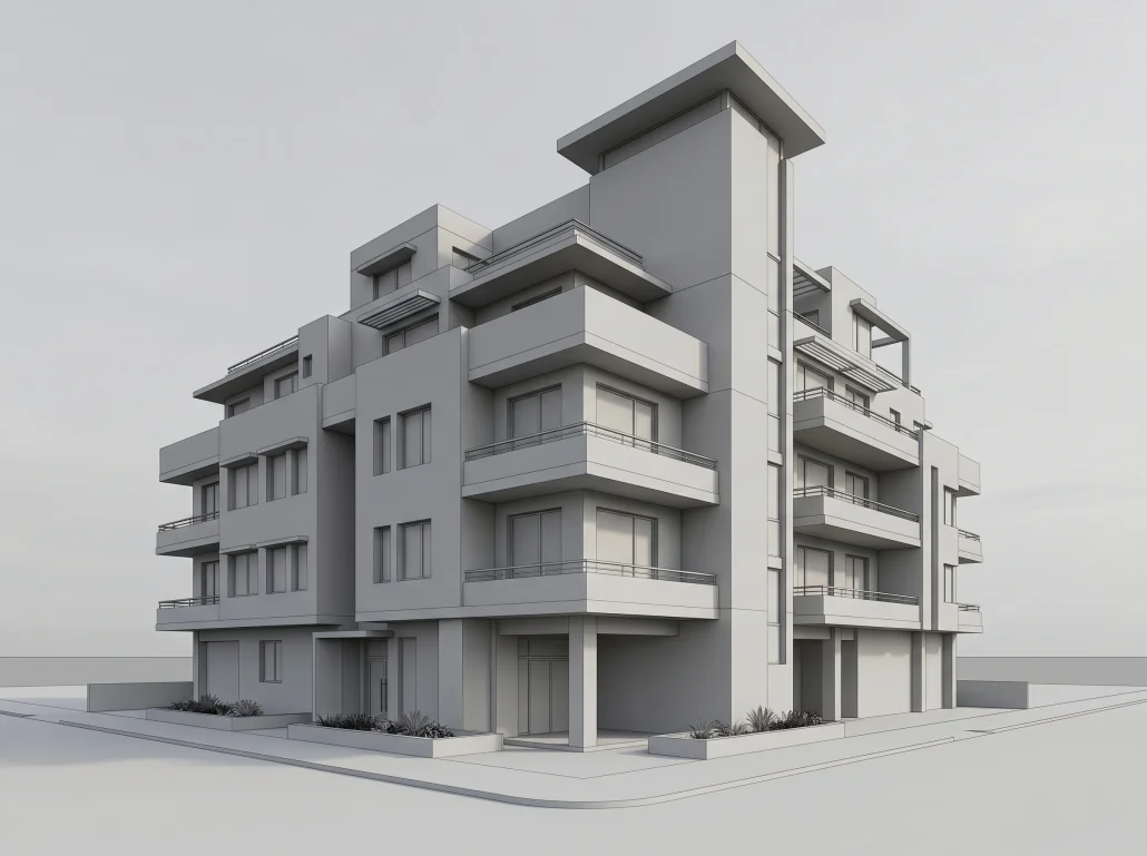 Untextured clay render of a residential building used during the camera-angle review stage