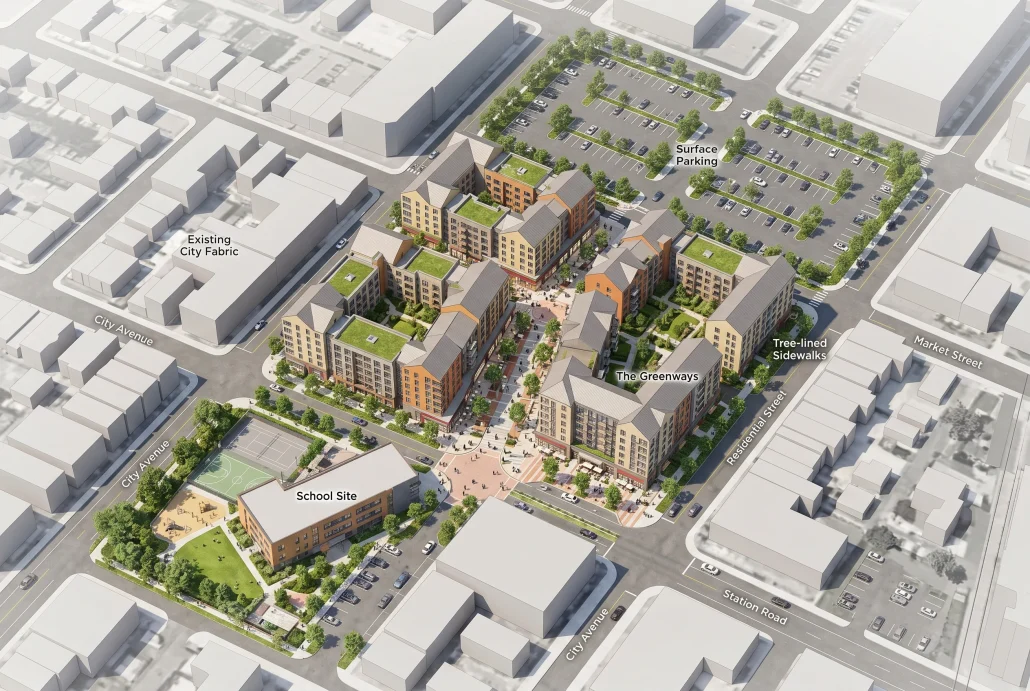 Aerial 3D site plan render of a residential masterplan with school site and central pedestrian street