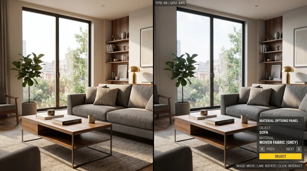 Split comparison of a cinematic pre-rendered interior frame against a real-time game-engine walkthrough viewport of the same room.