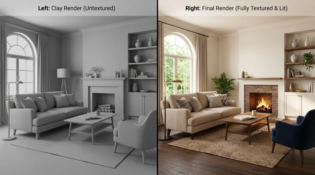 Clay render versus finished textured render of the same interior scene