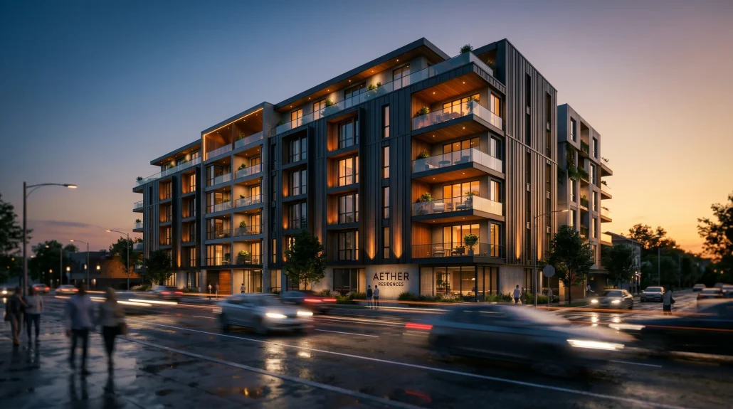 Cinematic dusk flythrough still of a modern residential building, typical of archviz animation deliverables
