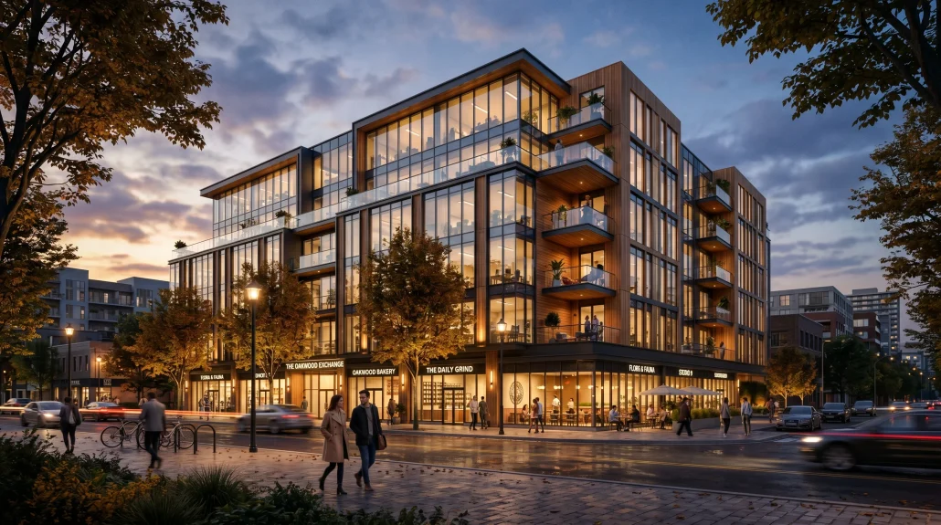 Cinematic exterior CGI render of a modern mid-rise mixed-use building at dusk