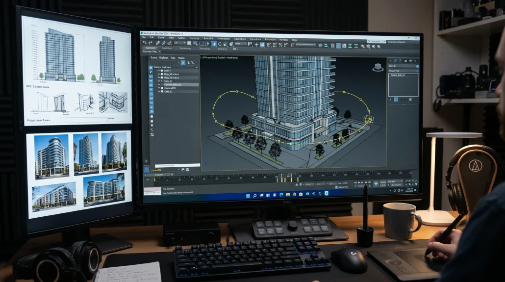 3D software viewport showing an architectural model with a camera animation path used to produce a walkthrough video.