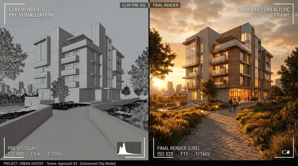 Clay-render previsualization frame compared to the final lit and textured architectural animation frame