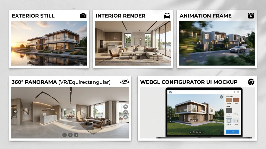 Mood board of architectural CGI deliverable types including renderings, animation, panorama, and configurator
