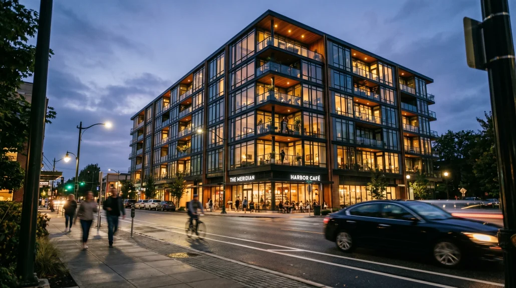Cinematic dusk render of a contemporary residential building, suggesting a paused frame from a 3D architectural walkthrough animation.
