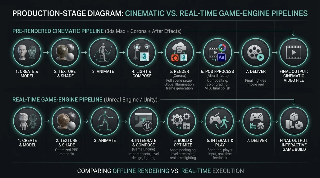Diagram comparing cinematic pre-rendered archviz animation pipeline against real-time game-engine walkthrough pipeline