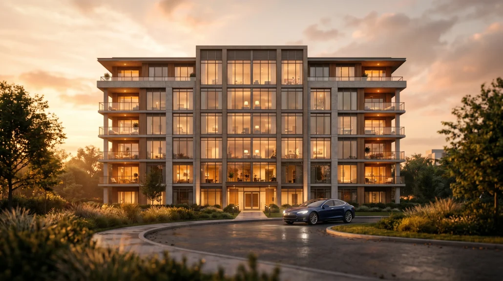 Cinematic photoreal render of a modern residential building at dusk used as a hero frame for an architectural animation