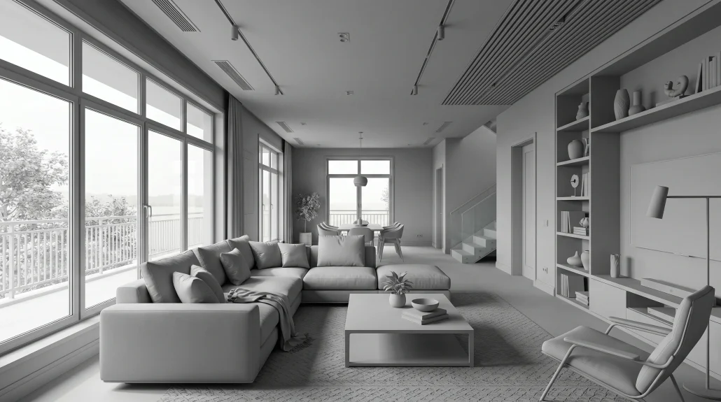 Untextured clay render of an interior space used during early-stage 3D architectural design
